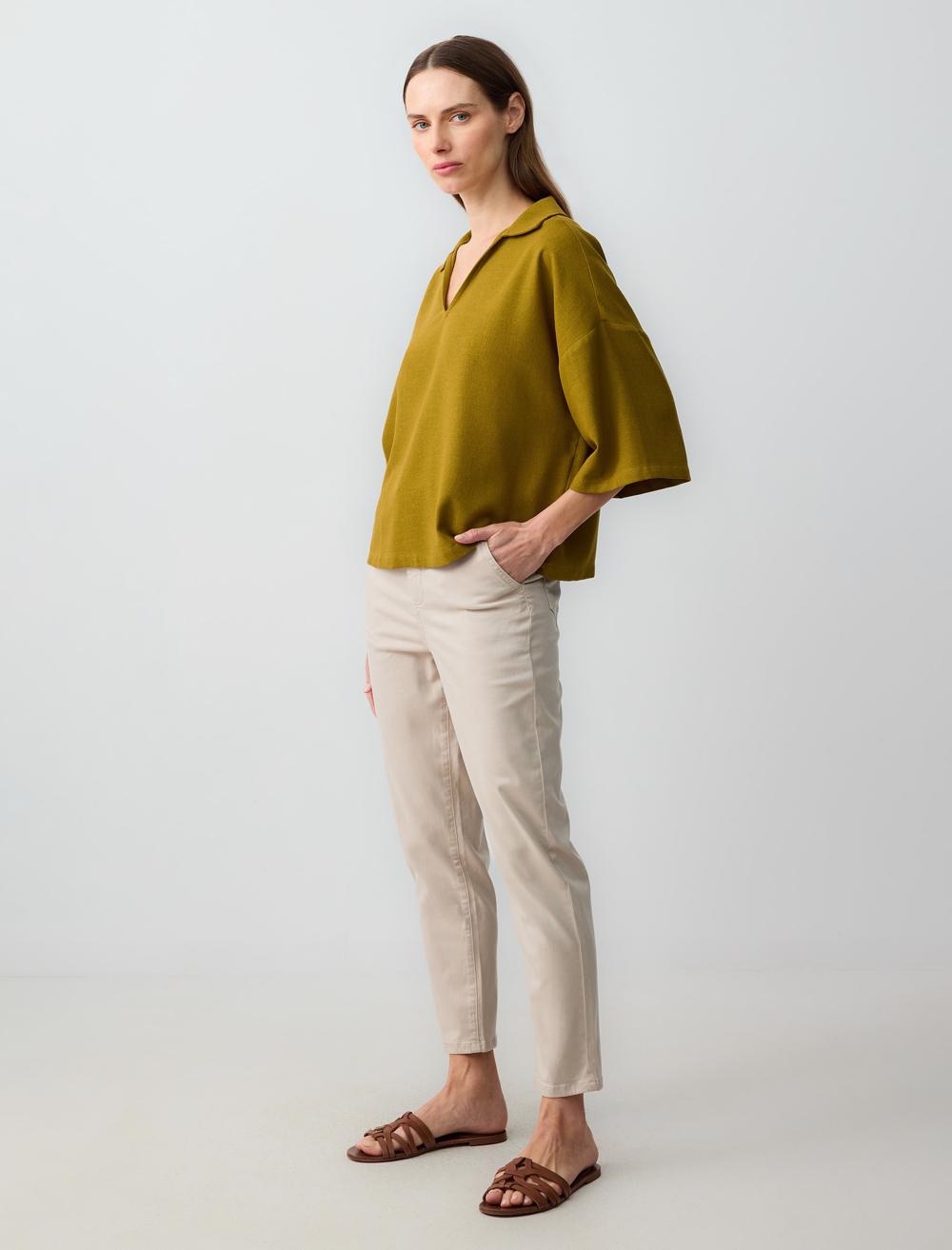 Yüksek Bel Normal Paça Cepli Dokuma Pantolon