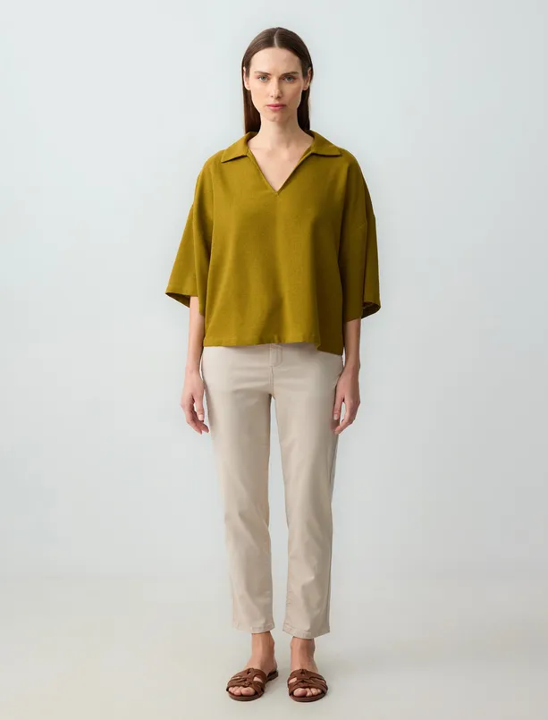 Bayan Bej Yüksek Bel Normal Paça Cepli Dokuma Pantolon