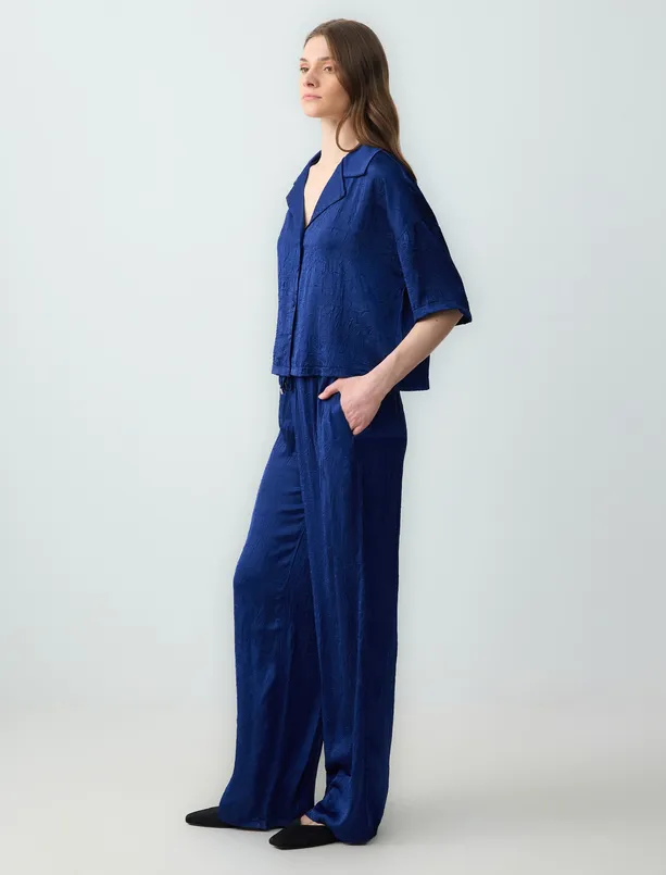 Women Dark Blue Relaxed Fit High Waist Wide Leg Knitted Satin Pants