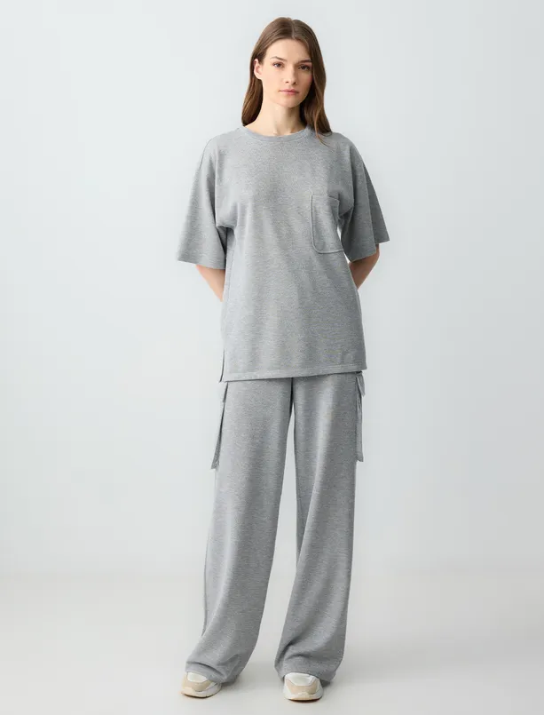 Women Grey High Waist Wide Leg Silvery Knitted Pants
