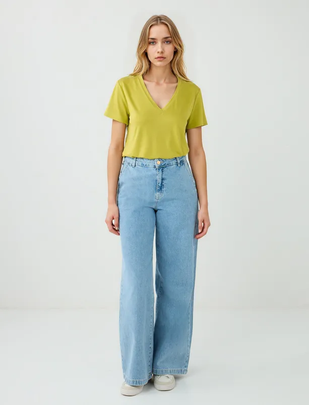 Bayan  %100 Pamuk Normal Bel Bol Paça Denim Pantolon