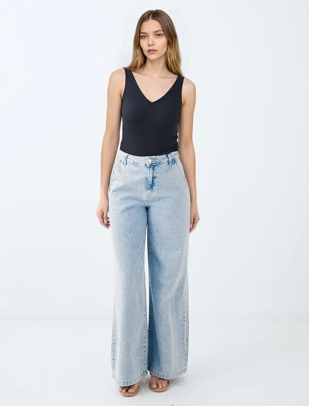 Bayan  %100 Pamuk Normal Bel Bol Paça Denim Pantolon