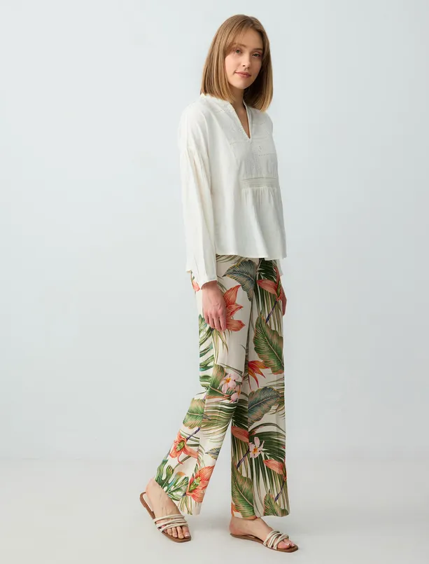 Women Ecru Relaxed Fit High Waist Wide Leg Patterned Long Linen Pants