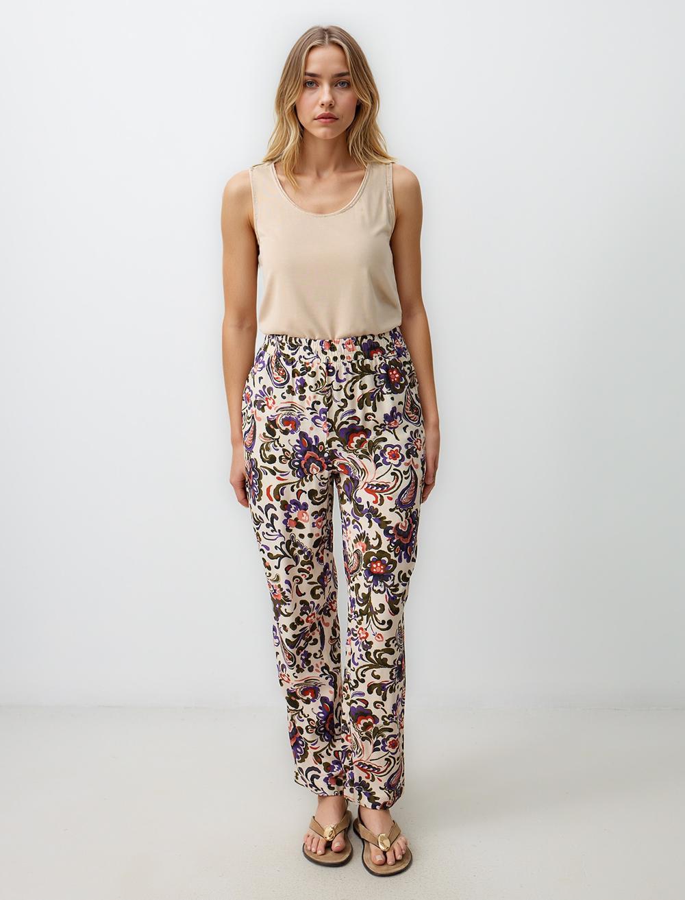 Yüksek Bel Bol Paça Desenli Dokuma Pantolon