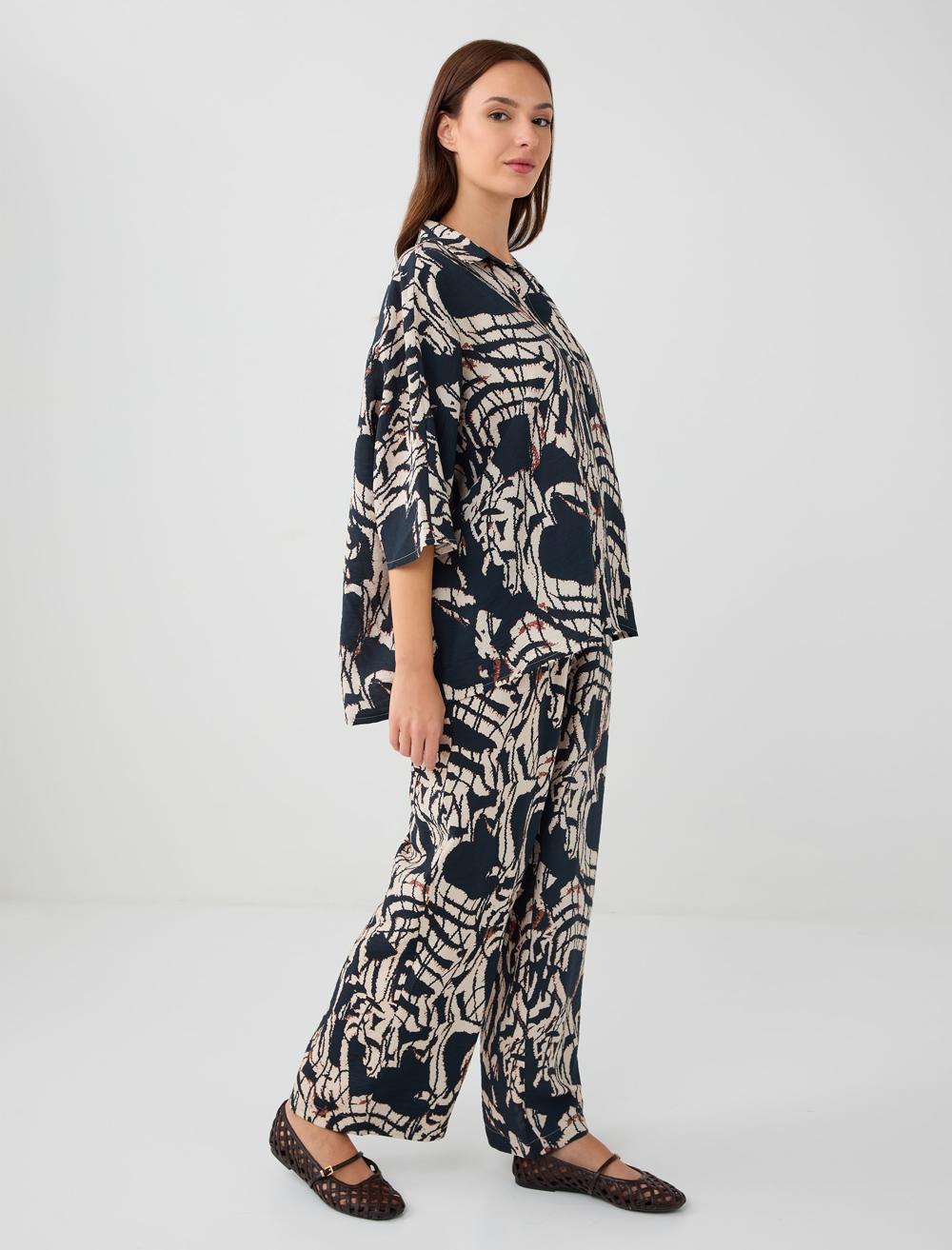 Desenli Yüksek Bel Bol Paça Dokuma Pantolon