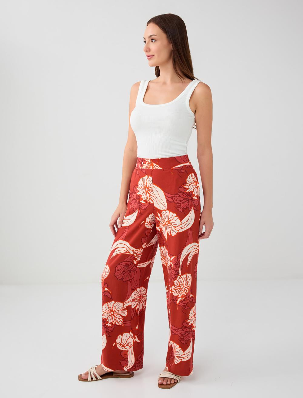 Rahat Kesim Bol Paça Desenli Dokuma Pantolon