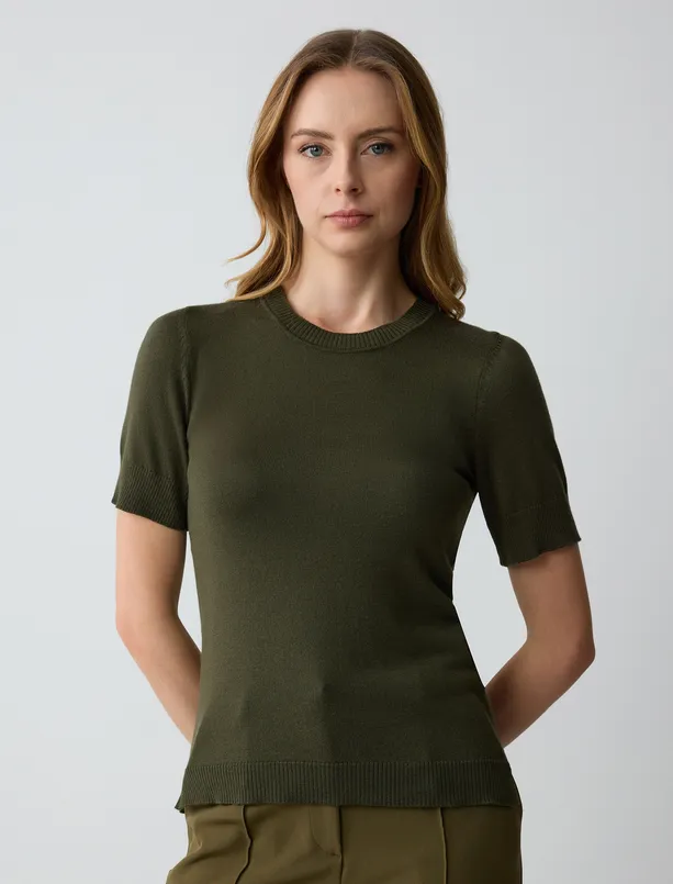 Women Haki Crew Neck Short Sleeve Sweater Sweater