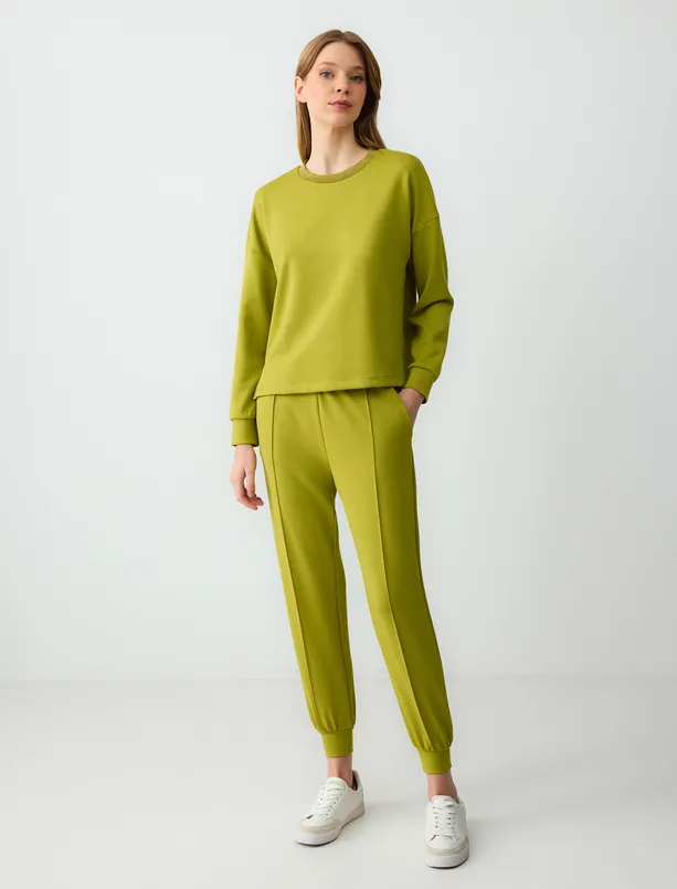 Bayan Sarı Bisiklet Yaka Uzun Kollu Yakası Sim Detaylı Sweatshirt