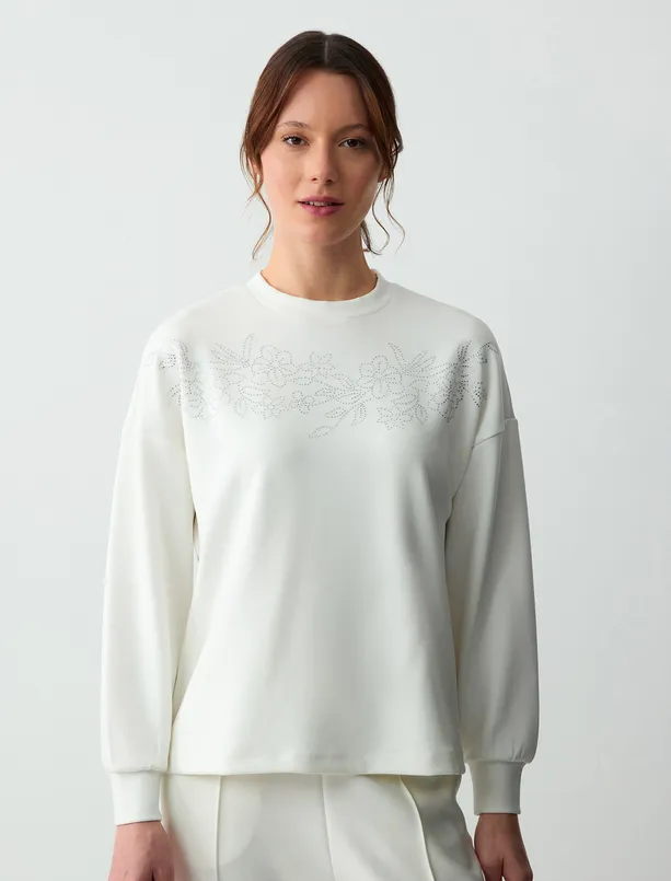 Bayan  Bisiklet Yaka Uzun Kollu Çiçek Desenli Örme Sweatshirt
