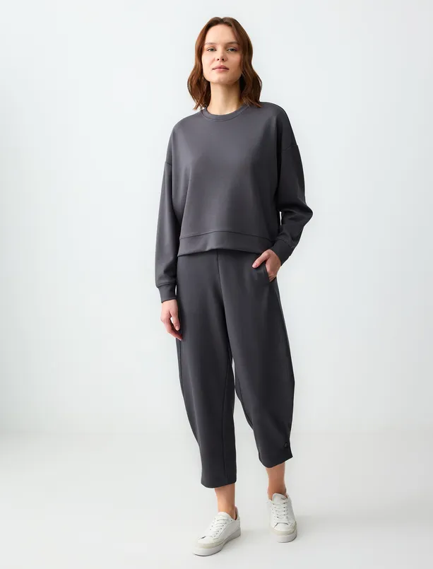 Bayan Antrasit Rahat Kesim Bisiklet Yaka Uzun Kollu Örme Sweatshirt
