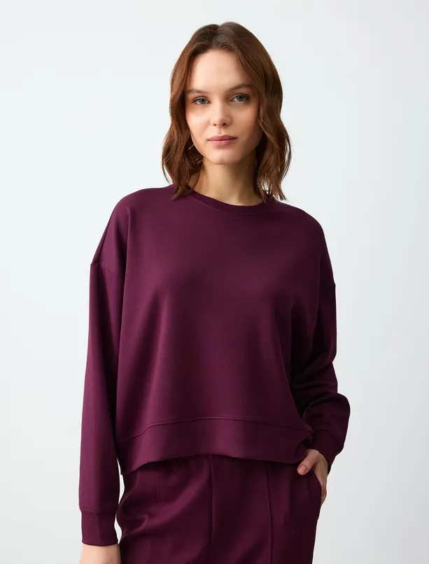Bayan  Rahat Kesim Bisiklet Yaka Uzun Kollu Örme Sweatshirt