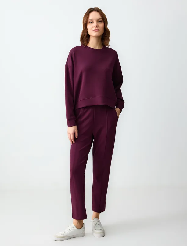Bayan Bordo Rahat Kesim Bisiklet Yaka Uzun Kollu Örme Sweatshirt