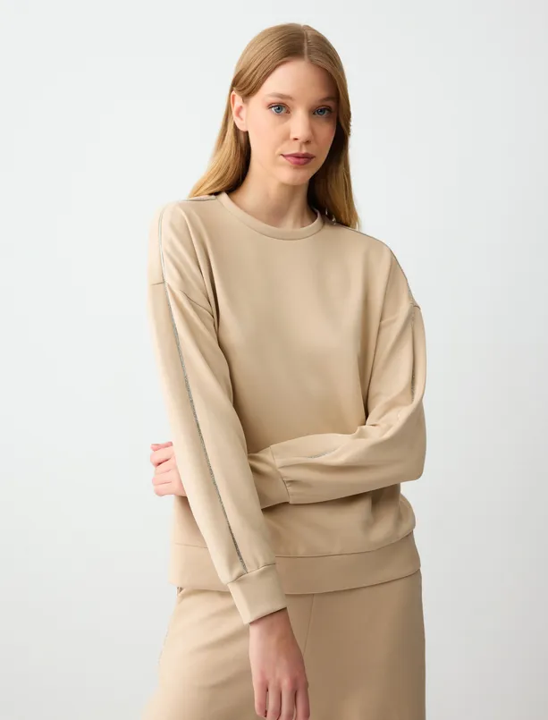 Bayan  Düz Kesim Bisiklet Yaka Uzun Kollu Modal Örme Sweatshirt
