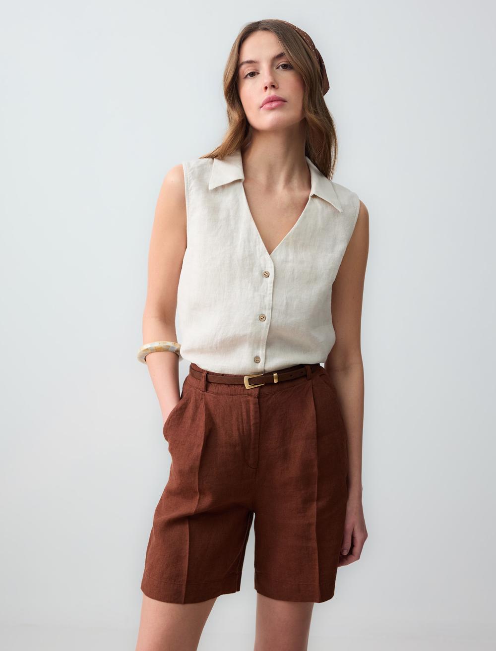 %100 Keten Düz Kesim Yüksek Bel Bol Paça Dokuma Şort