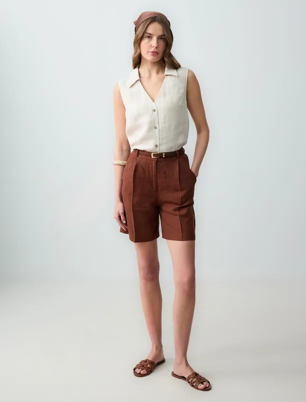 Women Brown 100% Linen Straight Cut High Waist Wide Leg Woven Shorts