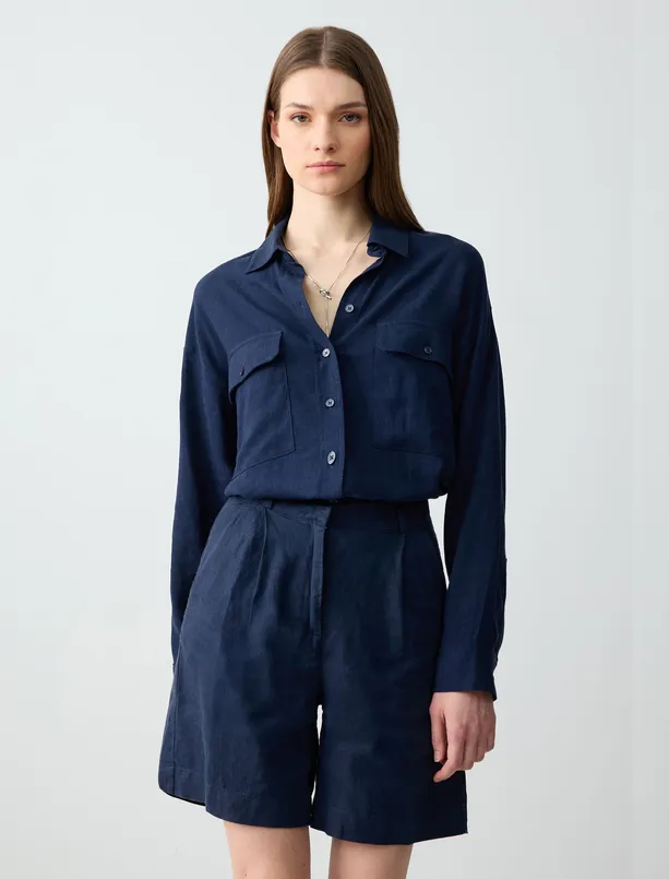 Women Dark Blue 100% Linen Straight Cut High Waist Wide Leg Woven Shorts