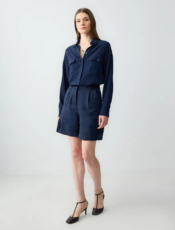 Women Dark Blue 100% Linen Straight Cut High Waist Wide Leg Woven Shorts