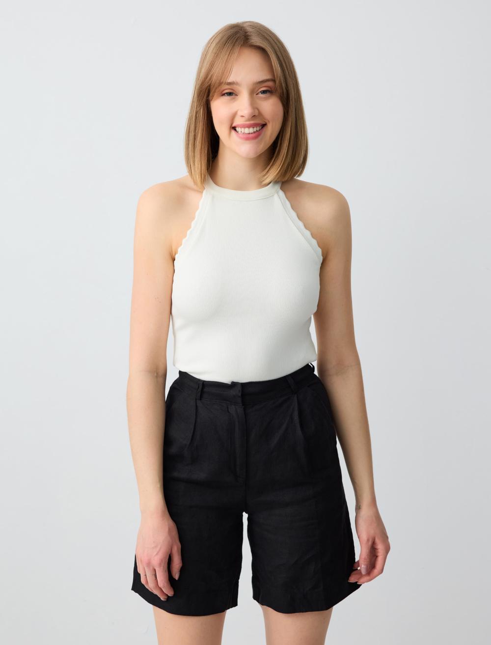 %100 Keten Düz Kesim Yüksek Bel Bol Paça Dokuma Şort