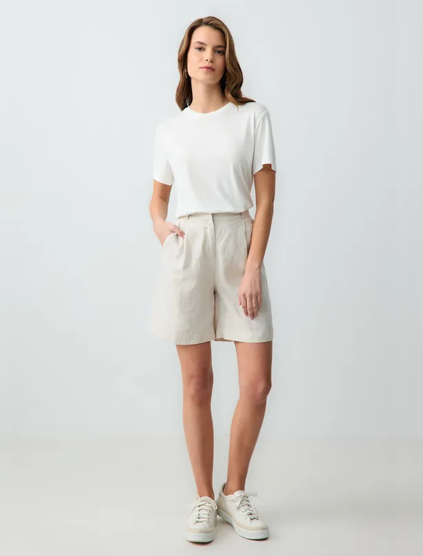 Women Beige 100% Linen Straight Cut High Waist Wide Leg Woven Shorts