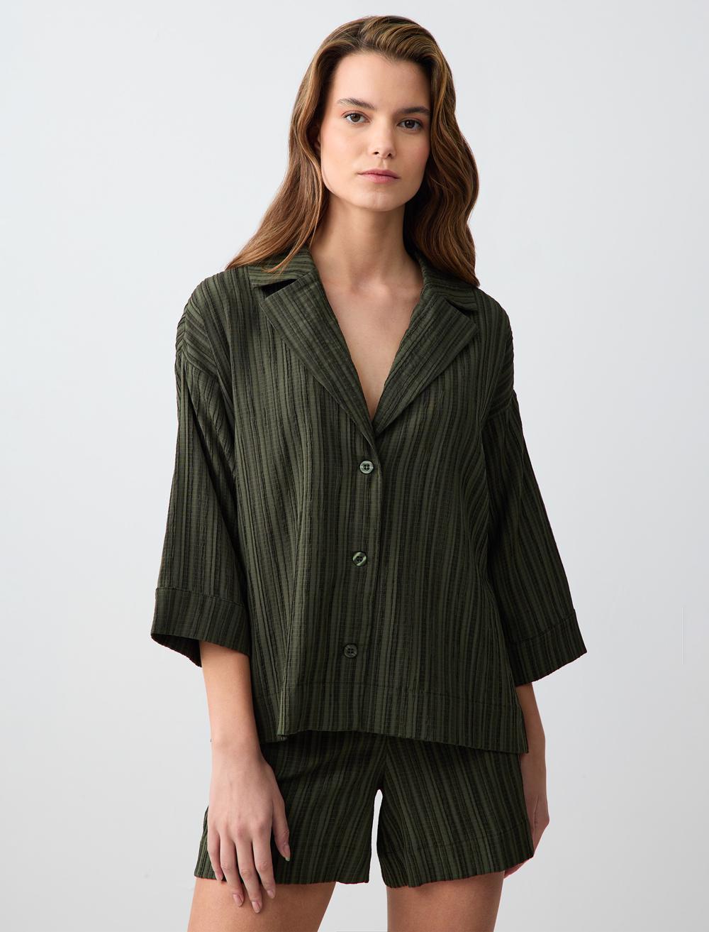 Yüksek Bel Normal Paça Desenli Keten Karışımlı Şort