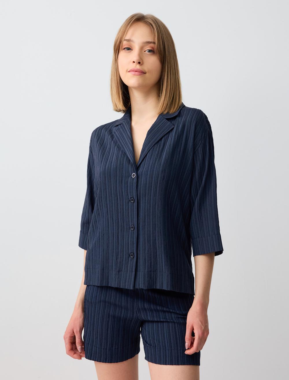 Yüksek Bel Normal Paça Desenli Keten Karışımlı Şort