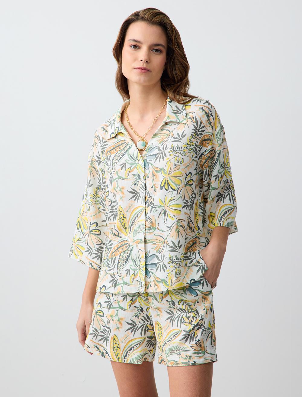 Normal Bel Normal Paça Desenli Keten Karışımlı Şort