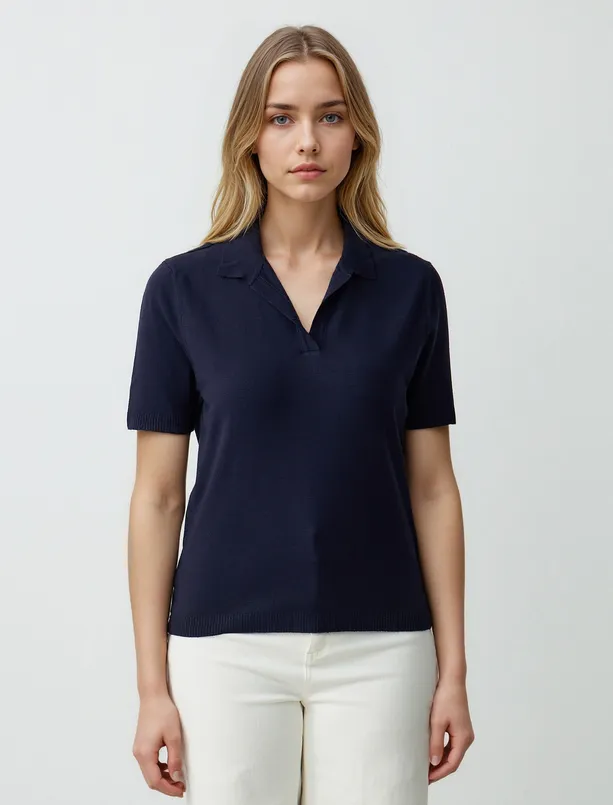 Women Dark Blue Straight Cut Polo Collar Short Sleeve Sweater T-Shirt