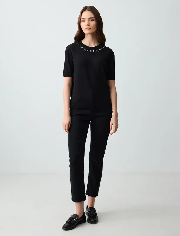 Women Black 100% Cotton Short Sleeve Embroidered Crew Neck Sweater T-Shirt