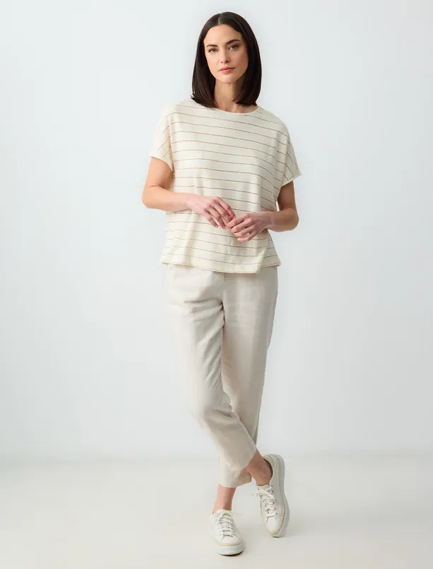 Women Ecru Round Neck Short Sleeve Linen Blend T-Shirt