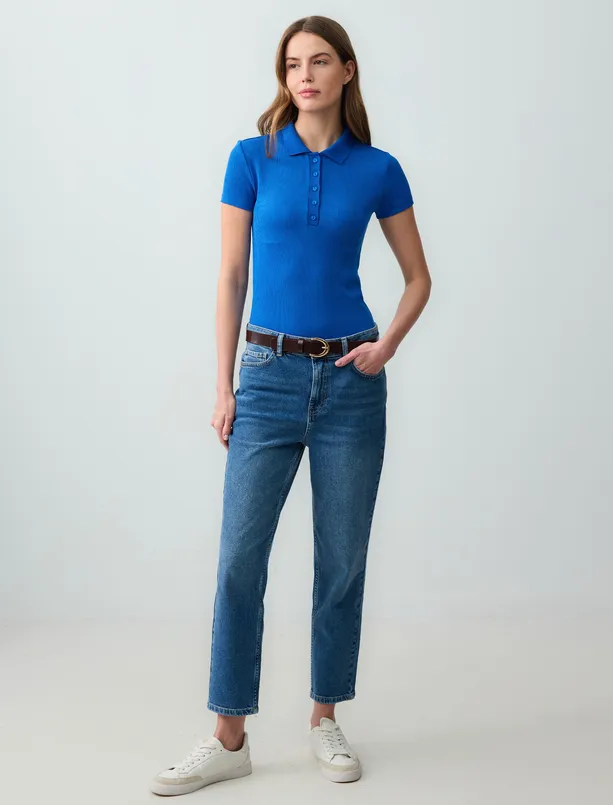 Women Blue Slim Fit Short Sleeve Polo Collar Knitted T-Shirt