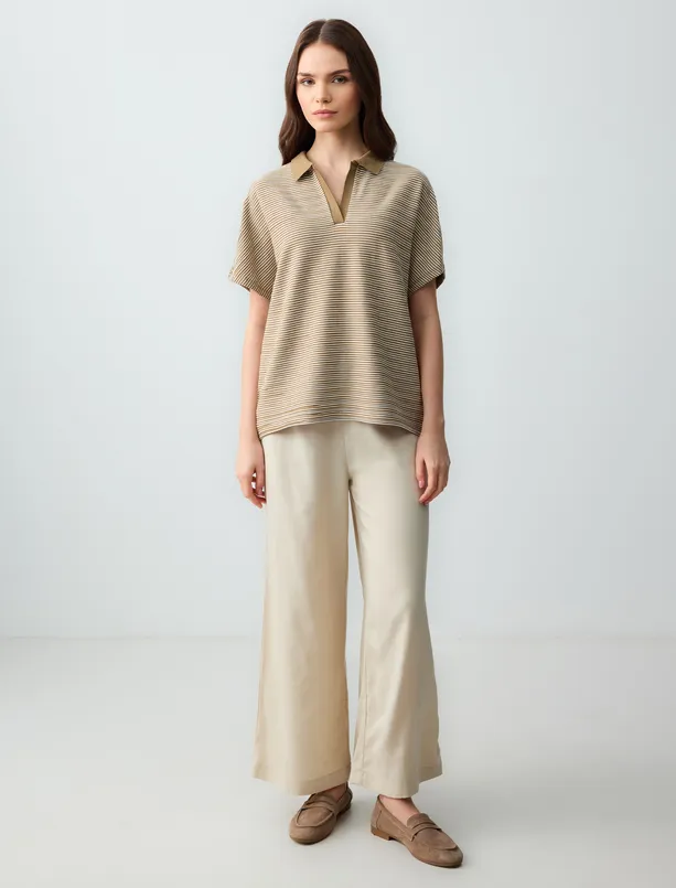 Bayan Bej Polo Yaka Çizgi Desenli Örme Tişört