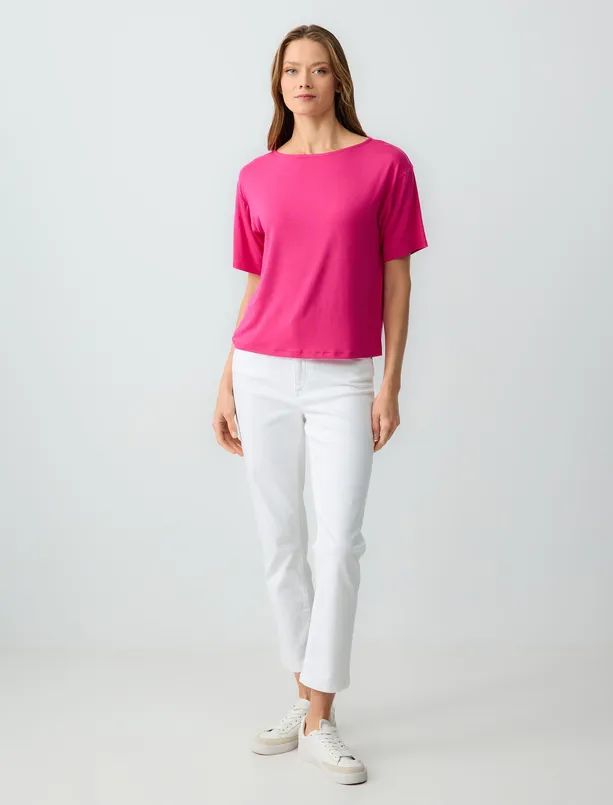 Women Pink Relaxed Fit Boat Neck Short Sleeve Knitted T-Shirt