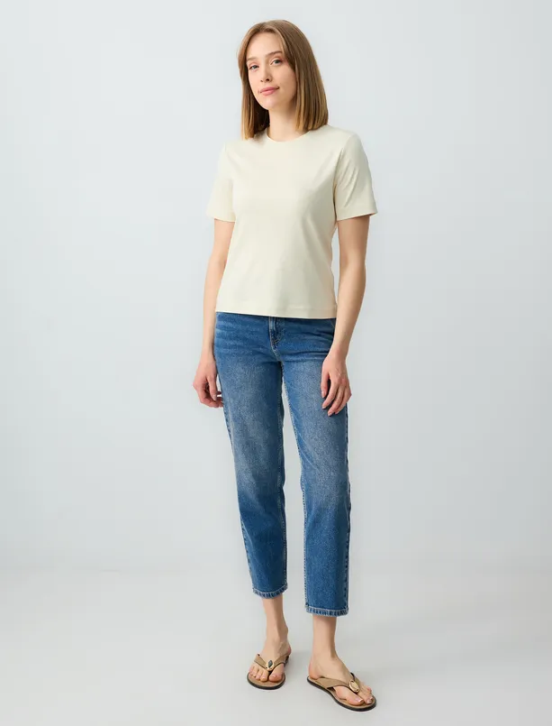 Women Beige 100% Cotton Crew Neck Short Sleeve Knitted T-Shirt