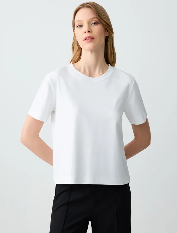 Women White 100% Cotton Crew Neck Short Sleeve Knitted T-Shirt