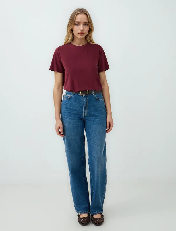 Bayan Bordo Bisiklet Yaka Kısa Kollu Örme Modal Tişört