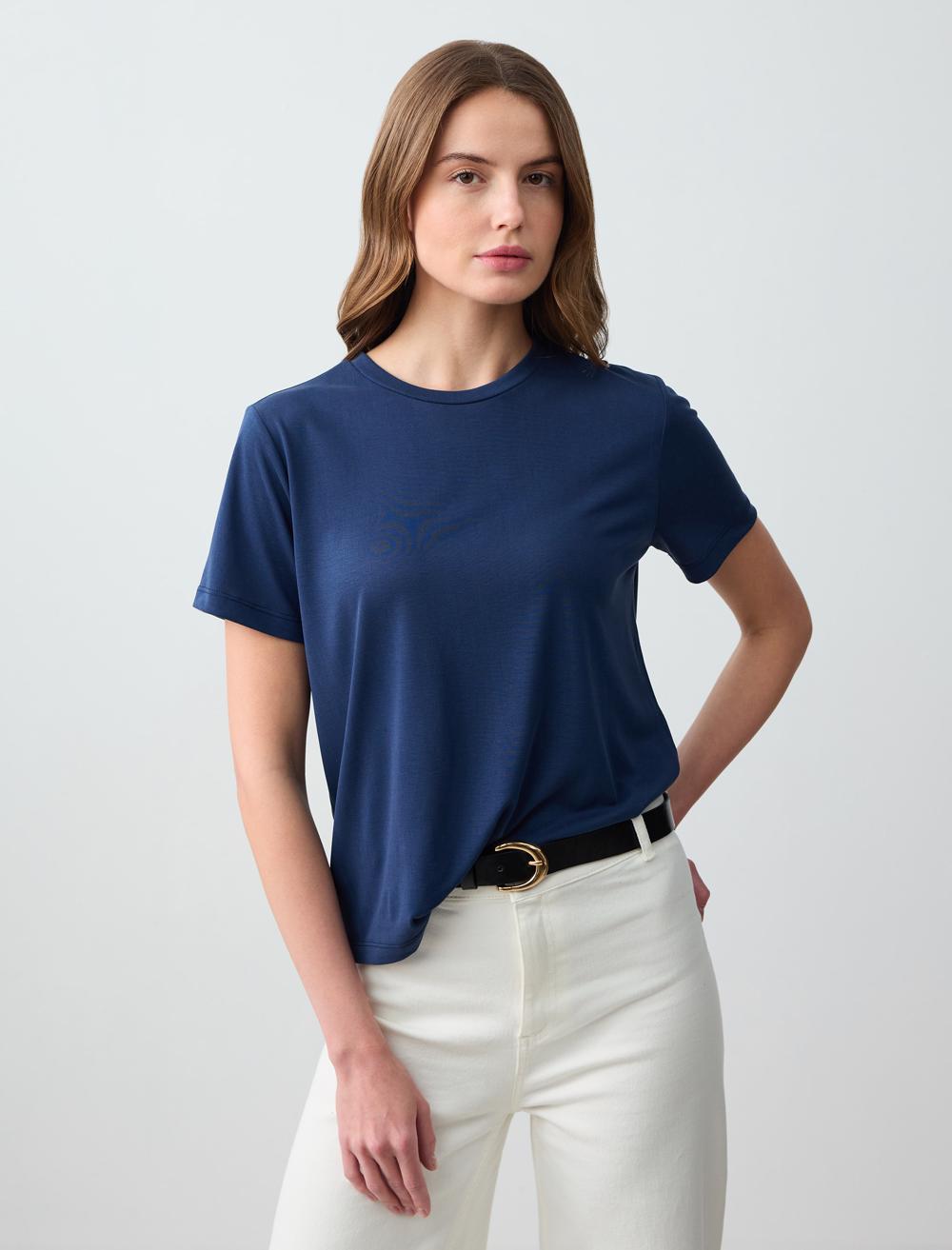 Bisiklet Yaka Kısa Kollu Örme Modal Tişört