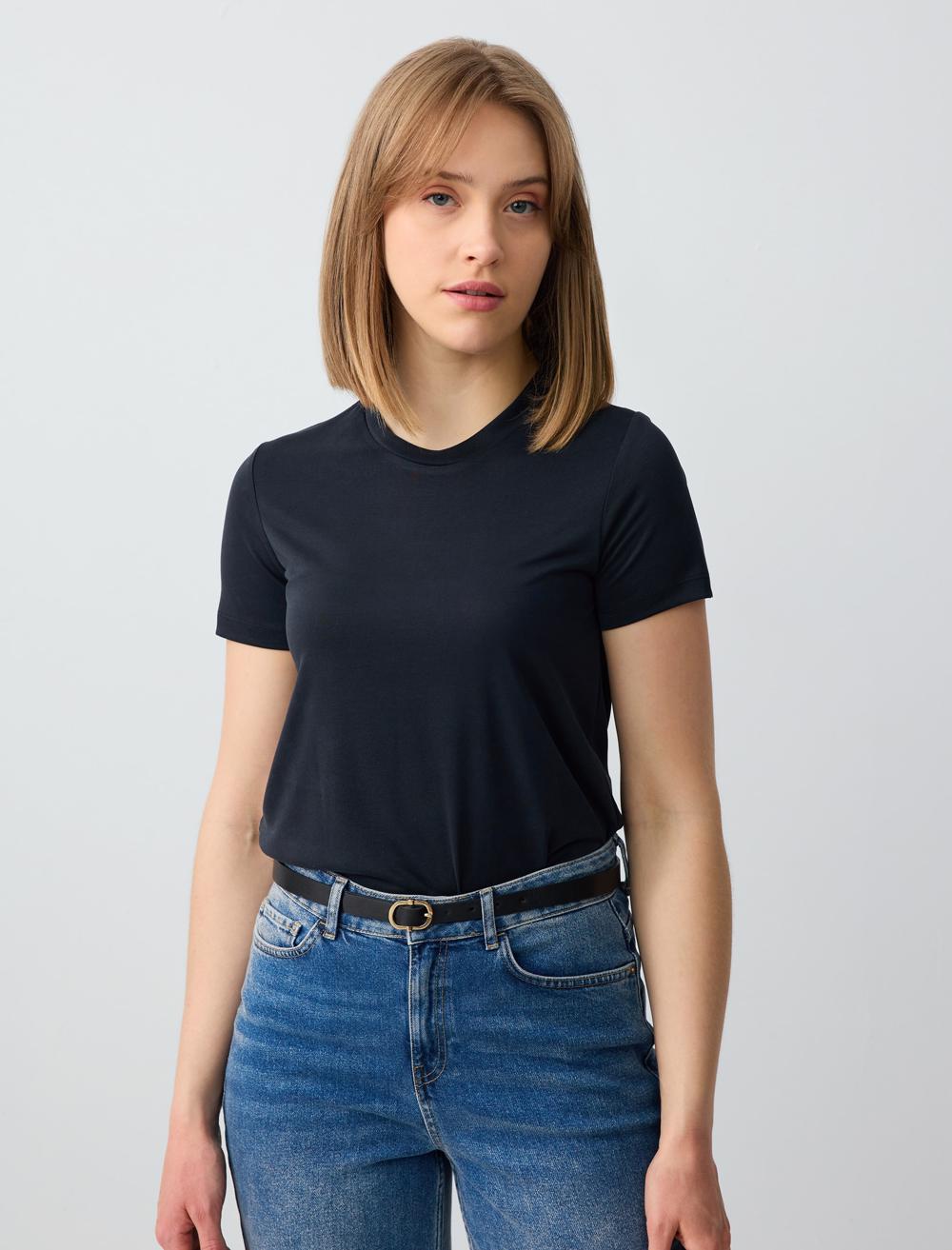 Bisiklet Yaka Kısa Kollu Örme Modal Tişört