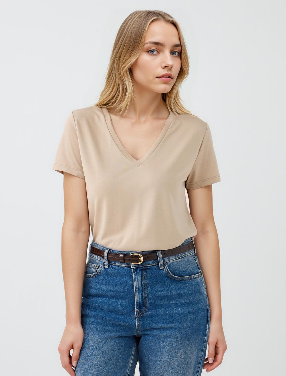 V Yaka Kısa Kollu Örme Modal Tişört