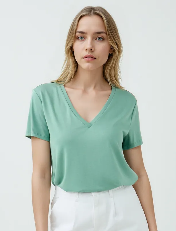 Women  V-Neck Short Sleeve Knitted Modal T-Shirt