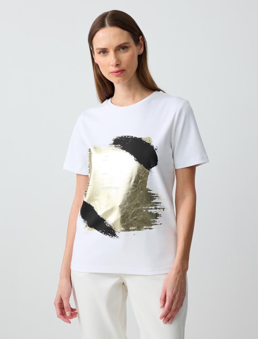 %100 Pamuk Kısa Kollu Yuvarlak Yaka Desenli Örme Tişört