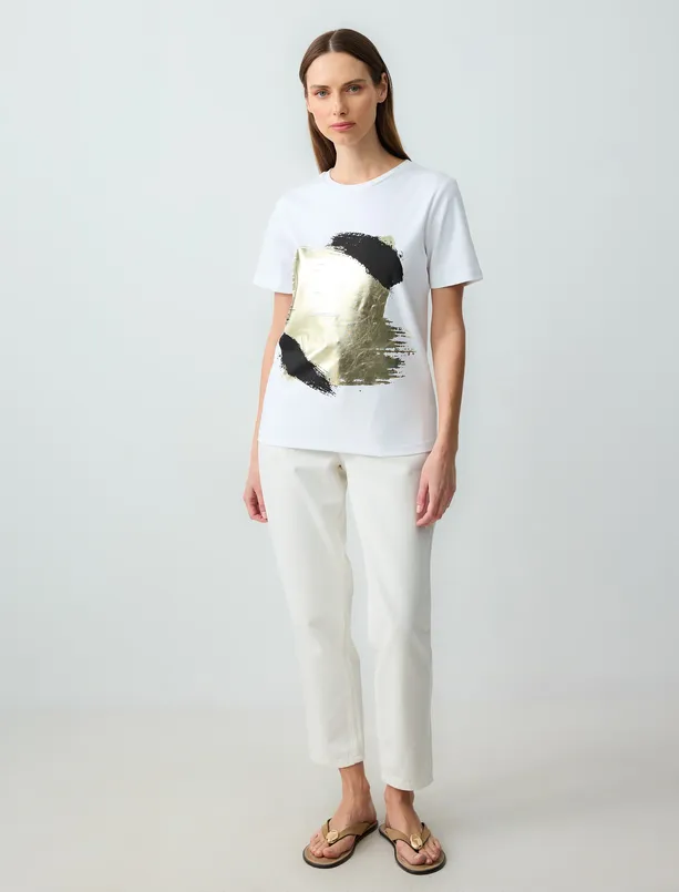 Women White 100% Cotton Short Sleeve Round Neck Patterned Knitted T-Shirt