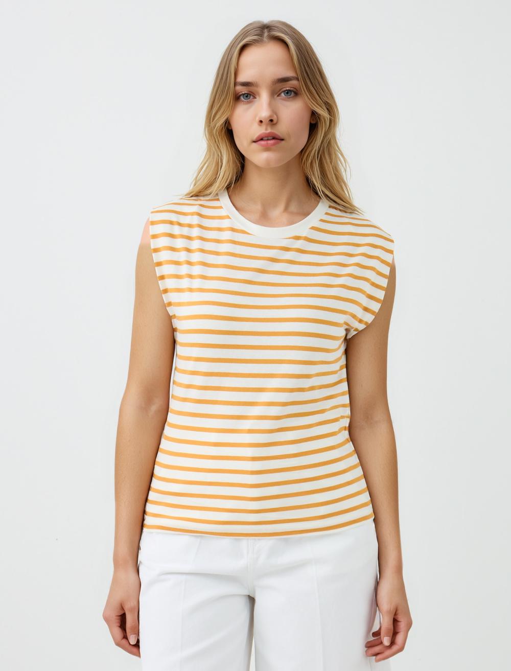 %100 Pamuk Bisiklet Yaka Çizgili Örme Tişört