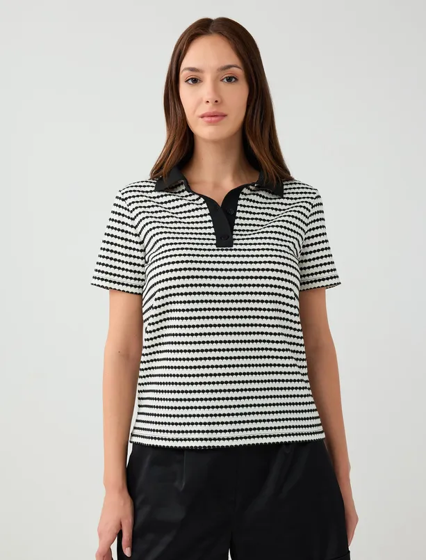 Women Black Polo Collar Short Sleeve Striped Knitted T-Shirt