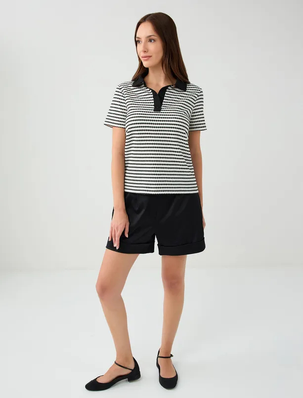 Women Black Polo Collar Short Sleeve Striped Knitted T-Shirt