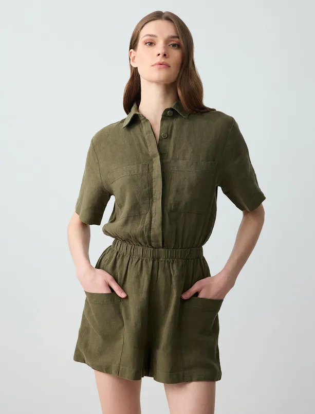 Women  100% Linen Short Sleeve Shirt Collar Waist Elasticized Mini Jumpsuit