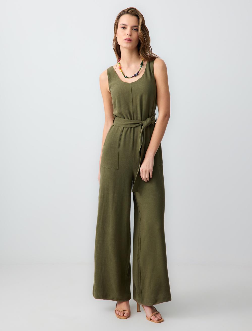 Rahat Kesim Belden Bağlamalı Keten Karışımlı Tulum