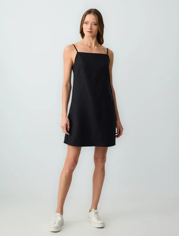 Women Black 100% Linen Straight Cut Short Jumpsuit
