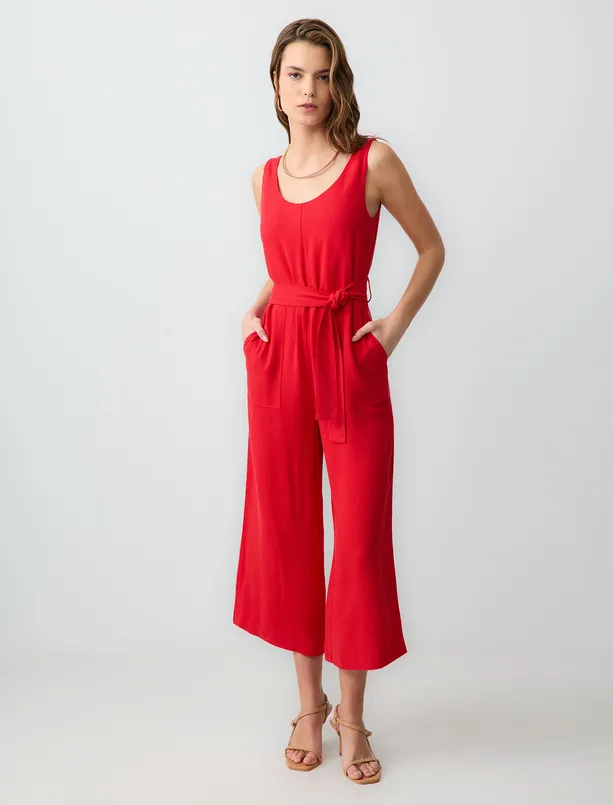 Women  Short Linen Blend Jumpsuit with Belt Detail