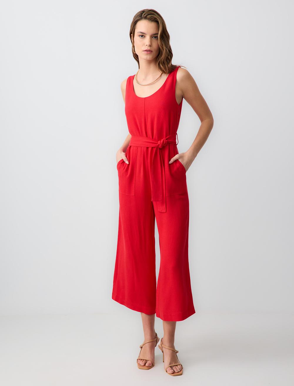 Kemer Detaylı Kısa Keten Karışımlı Tulum