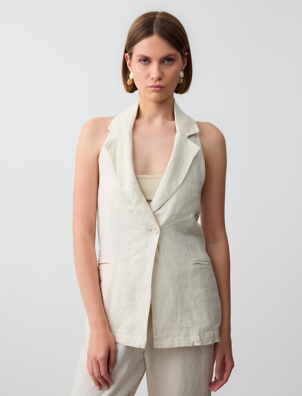 %100 Keten Dar Kesim Sırt Dekolteli Cep Detaylı Yelek
